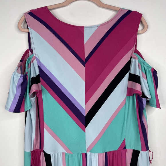 2/$30 Lane Bryant Faux Wrap Cold Shoulder Midi High Low Dress 18/20 Multi #7130 - Picture 12 of 16